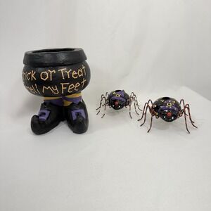 Vintage 90's Halloween Decor Witch's‎ Feet Candy Bowl And Spider Candle Holders